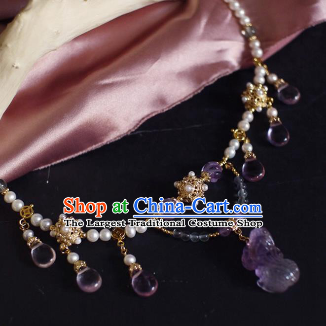 Chinese Traditional Hanfu Pearls Necklace Jewelry Ancient Ming Dynasty Princess Amethyst Necklet
