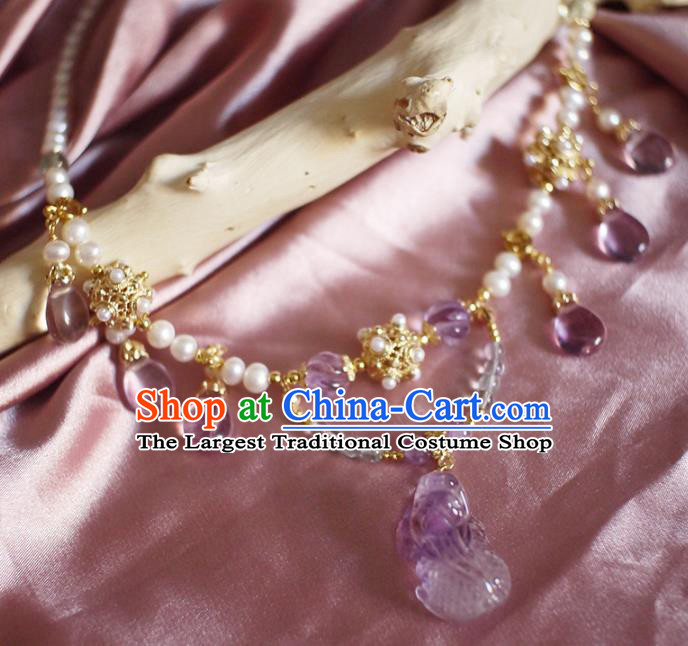 Chinese Traditional Hanfu Pearls Necklace Jewelry Ancient Ming Dynasty Princess Amethyst Necklet