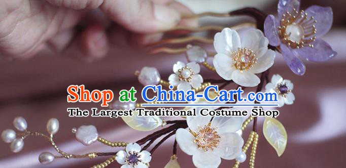 Chinese Ancient Princess Shell Flowers Hairpin Traditional Ming Dynasty Tassel Hair Comb