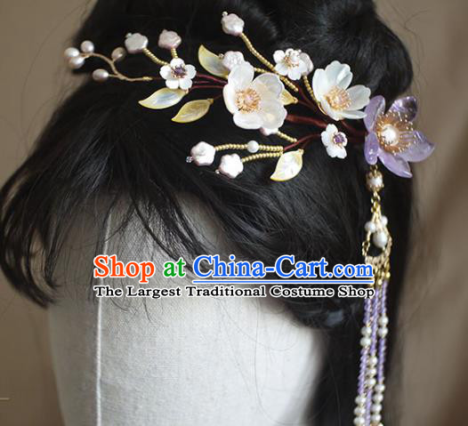 Chinese Ancient Princess Shell Flowers Hairpin Traditional Ming Dynasty Tassel Hair Comb