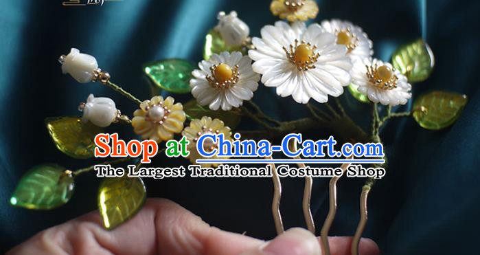 Chinese Ancient Palace Lady Pearls Hairpin Traditional Ming Dynasty Shell Daisy Hair Comb