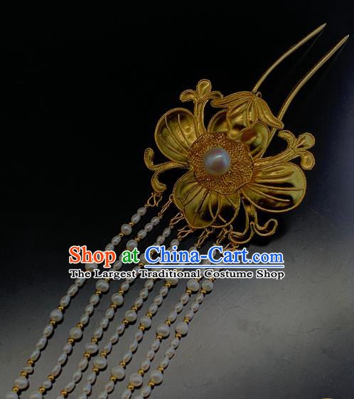 Chinese Ancient Empress Golden Lotus Leaf Hair Stick Traditional Ming Dynasty Pearls Tassel Hairpin