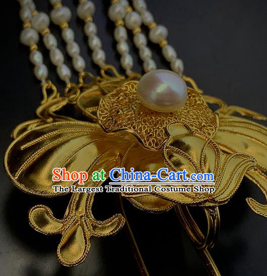 Chinese Traditional Ming Dynasty Pearls Tassel Hairpin Ancient Empress Golden Lotus Leaf Hair Stick