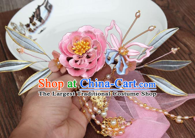 Chinese Ancient Young Beauty Ribbon Tassel Hairpin Traditional Ming Dynasty Princess Pink Silk Peony Hair Claw