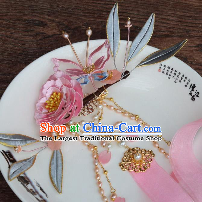 Chinese Ancient Young Beauty Ribbon Tassel Hairpin Traditional Ming Dynasty Princess Pink Silk Peony Hair Claw