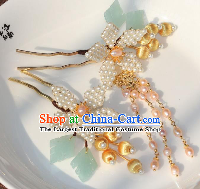 Chinese Ancient Palace Lady Peach Blossom Hairpin Traditional Ming Dynasty Princess Pearls Tassel Hair Stick