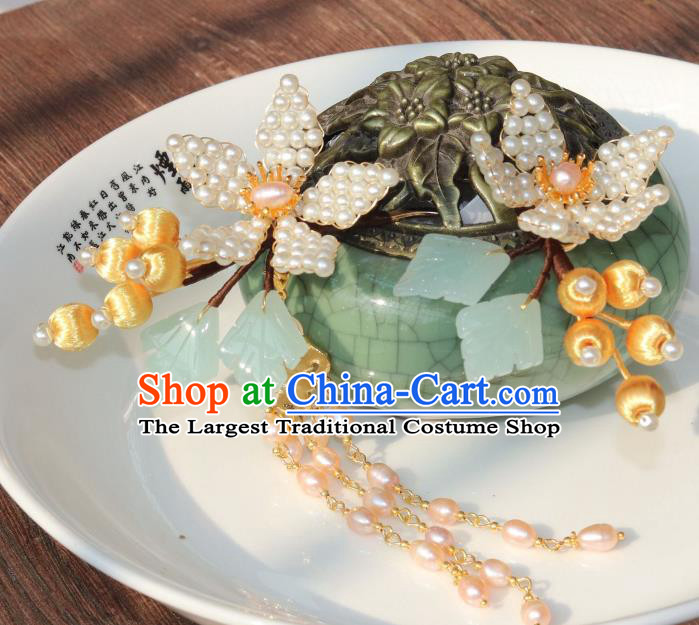 Chinese Ancient Palace Lady Peach Blossom Hairpin Traditional Ming Dynasty Princess Pearls Tassel Hair Stick
