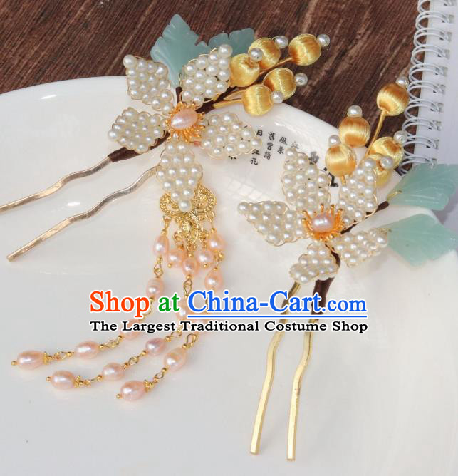 Chinese Ancient Palace Lady Peach Blossom Hairpin Traditional Ming Dynasty Princess Pearls Tassel Hair Stick