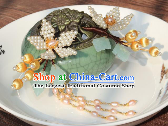 Chinese Ancient Palace Lady Peach Blossom Hairpin Traditional Ming Dynasty Princess Pearls Tassel Hair Stick