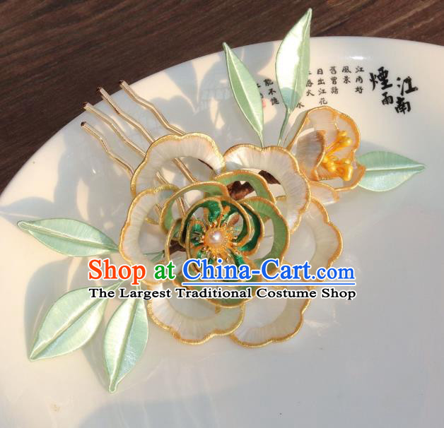 Chinese Ancient Palace Lady Hairpin Traditional Ming Dynasty Green Silk Peony Hair Comb