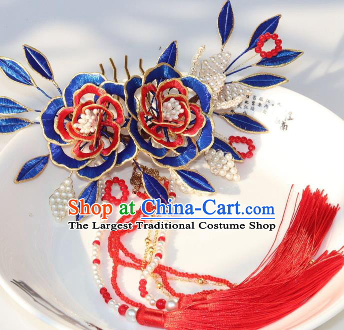 Chinese Ancient Court Lady Royalblue Silk Peony Hairpin Traditional Ming Dynasty Princess Red Tassel Hair Comb