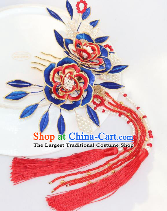 Chinese Ancient Court Lady Royalblue Silk Peony Hairpin Traditional Ming Dynasty Princess Red Tassel Hair Comb