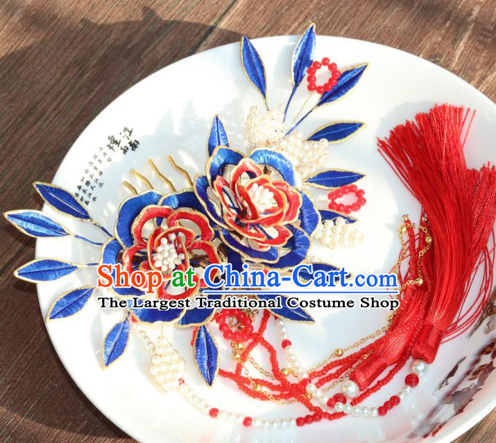 Chinese Ancient Court Lady Royalblue Silk Peony Hairpin Traditional Ming Dynasty Princess Red Tassel Hair Comb