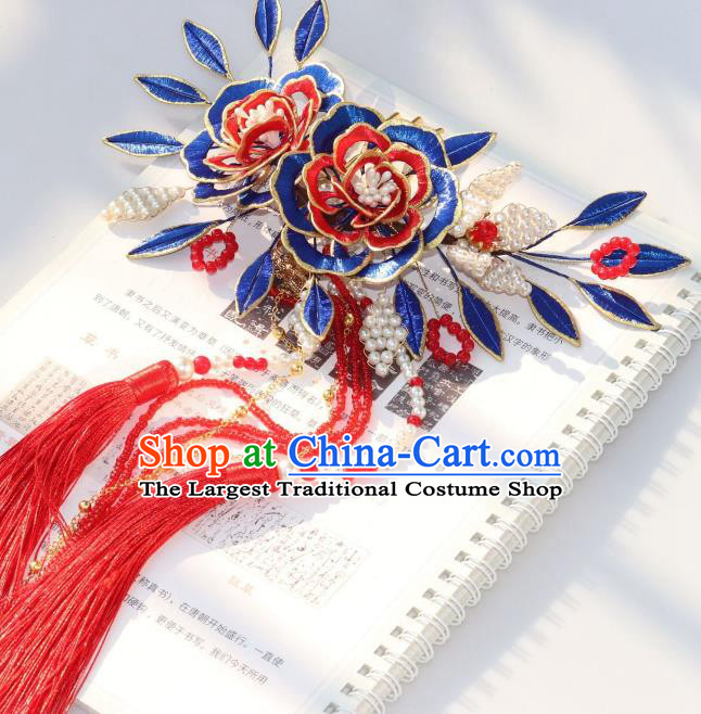 Chinese Ancient Court Lady Royalblue Silk Peony Hairpin Traditional Ming Dynasty Princess Red Tassel Hair Comb