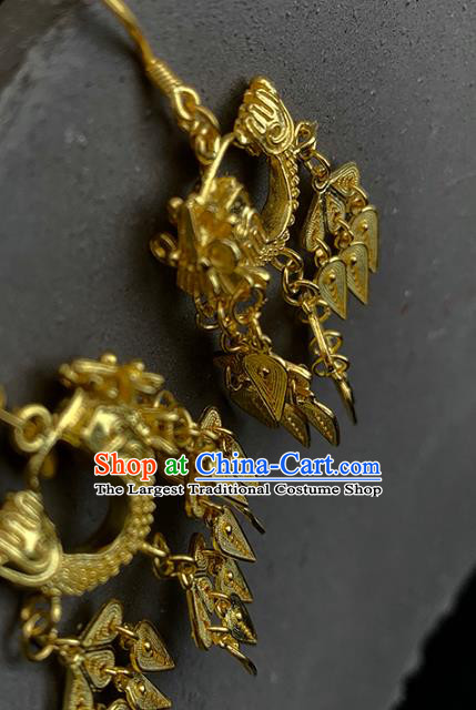 China Handmade Ancient Queen Earrings Traditional Ming Dynasty Golden Dragon Head Ear Jewelry