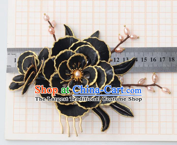 Chinese Ancient Princess Black Peony Hairpin Traditional Ming Dynasty Pearls Tassel Hair Comb
