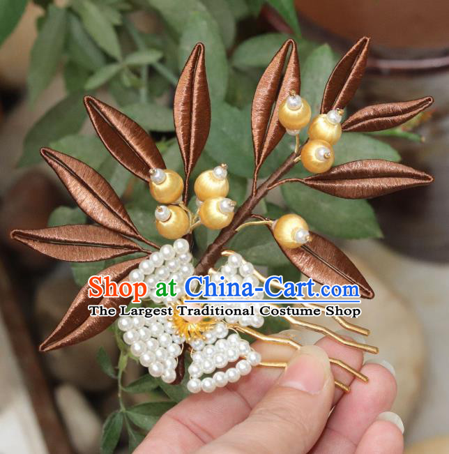 Chinese Ancient Young Lady Pearls Hairpin Traditional Ming Dynasty Brown Silk Leaf Hair Comb