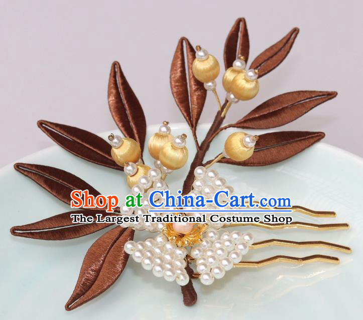 Chinese Ancient Young Lady Pearls Hairpin Traditional Ming Dynasty Brown Silk Leaf Hair Comb