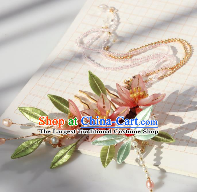 Chinese Ancient Hanfu Beads Tassel Hairpin Traditional Ming Dynasty Pink Flowers Hair Comb