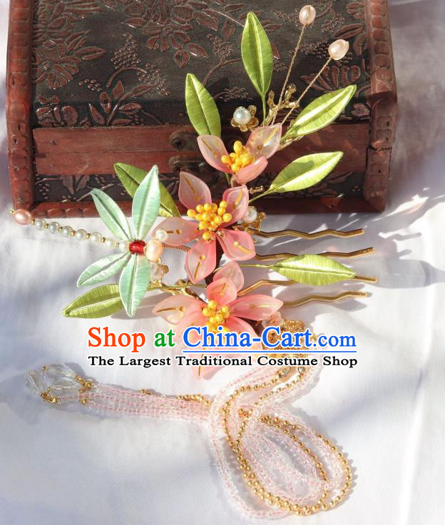 Chinese Ancient Hanfu Beads Tassel Hairpin Traditional Ming Dynasty Pink Flowers Hair Comb