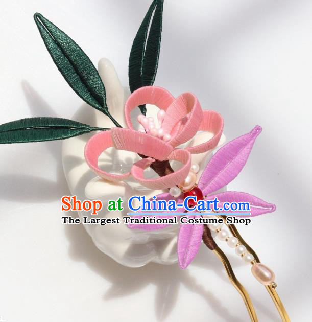 Chinese Handmade Hanfu Pink Flowers Hairpin Ancient Palace Lady Pearls Dragonfly Hair Stick