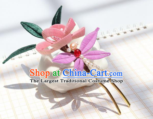 Chinese Handmade Hanfu Pink Flowers Hairpin Ancient Palace Lady Pearls Dragonfly Hair Stick