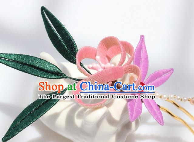 Chinese Handmade Hanfu Pink Flowers Hairpin Ancient Palace Lady Pearls Dragonfly Hair Stick