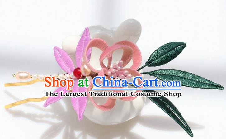 Chinese Handmade Hanfu Pink Flowers Hairpin Ancient Palace Lady Pearls Dragonfly Hair Stick