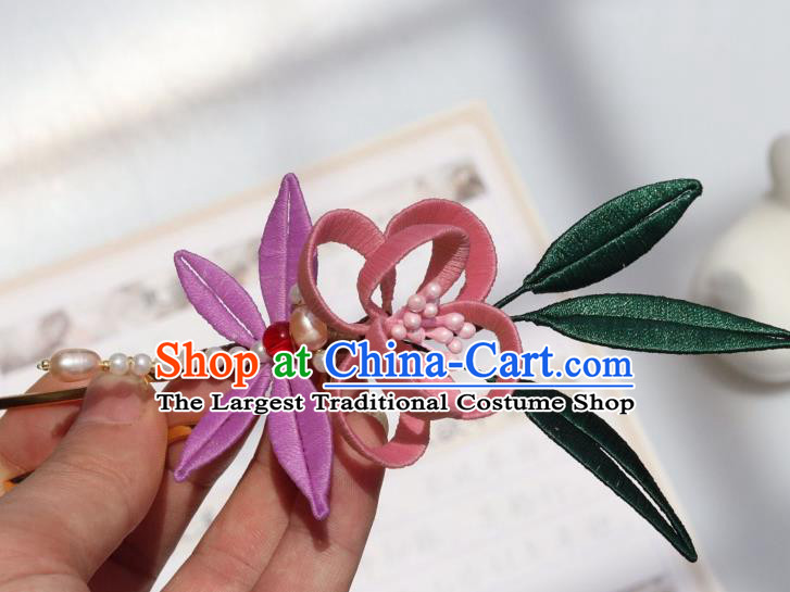 Chinese Handmade Hanfu Pink Flowers Hairpin Ancient Palace Lady Pearls Dragonfly Hair Stick