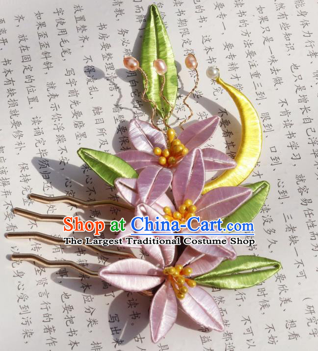 Chinese Ancient Palace Lady Pearls Hair Comb Handmade Song Dynasty Court Pink Silk Moon Tuberose Hairpin
