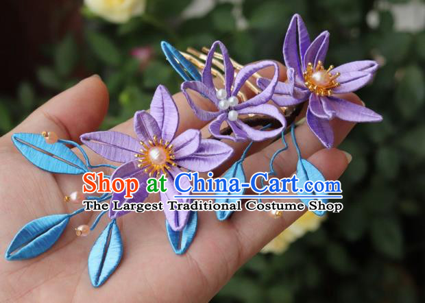 Chinese Handmade Pearls Hair Comb Ancient Song Dynasty Princess Purple Silk Epiphyllum Hairpin