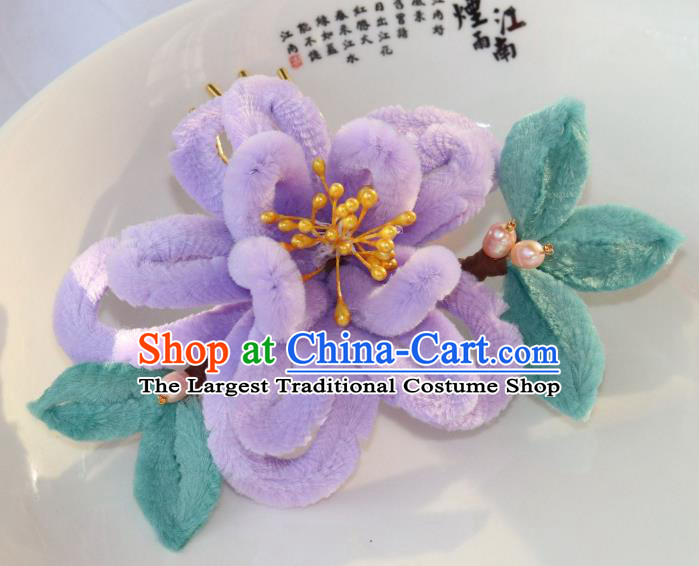 Chinese Ancient Hanfu Pearls Hairpin Traditional Ming Dynasty Princess Violet Velvet Hibiscus Hair Stick