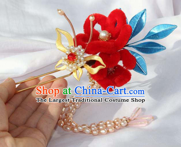 Chinese Ancient Young Lady Red Velvet Flower Hairpin Traditional Ming Dynasty Princess Pearls Tassel Hair Clip