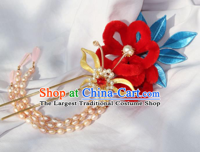 Chinese Ancient Young Lady Red Velvet Flower Hairpin Traditional Ming Dynasty Princess Pearls Tassel Hair Clip