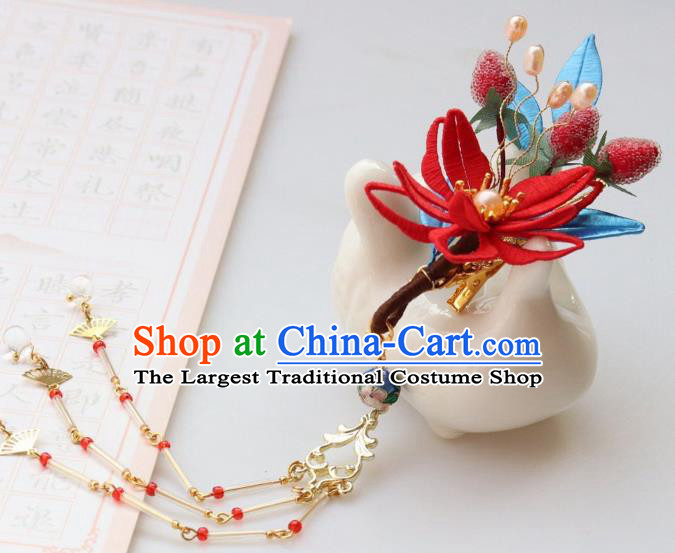 Chinese Handmade Long Tassel Hair Stick Ancient Ming Dynasty Princess Strawberry Flower Hair Claw