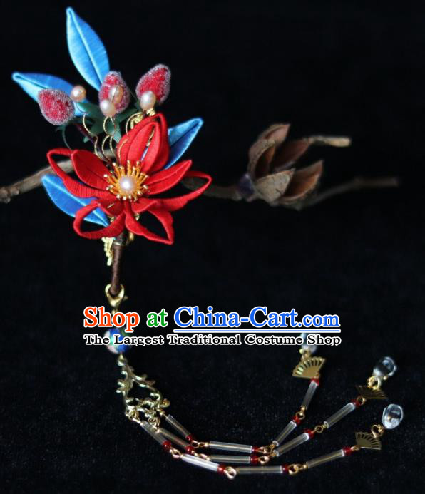 Chinese Handmade Long Tassel Hair Stick Ancient Ming Dynasty Princess Strawberry Flower Hair Claw