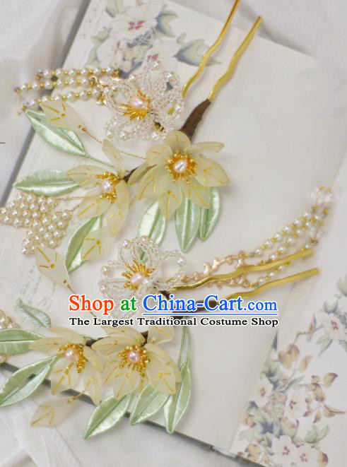 Chinese Handmade Beads Flowers Hair Stick Ancient Ming Dynasty Princess Pearls Tassel Hairpin