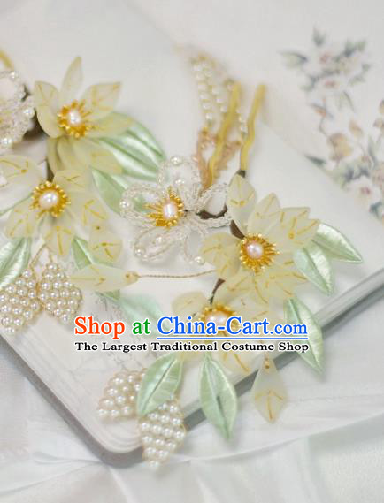 Chinese Handmade Beads Flowers Hair Stick Ancient Ming Dynasty Princess Pearls Tassel Hairpin