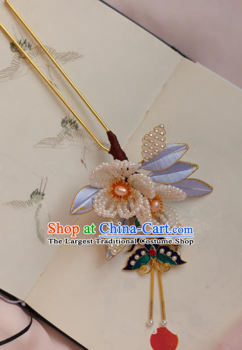 Chinese Handmade Pearls Tassel Hair Stick Ancient Ming Dynasty Empress Cloisonne Butterfly Plum Hairpin