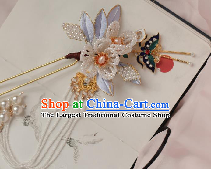 Chinese Handmade Pearls Tassel Hair Stick Ancient Ming Dynasty Empress Cloisonne Butterfly Plum Hairpin