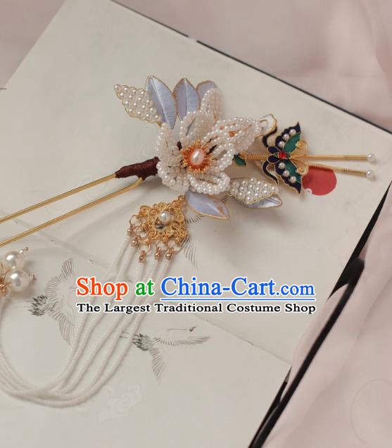 Chinese Handmade Pearls Tassel Hair Stick Ancient Ming Dynasty Empress Cloisonne Butterfly Plum Hairpin