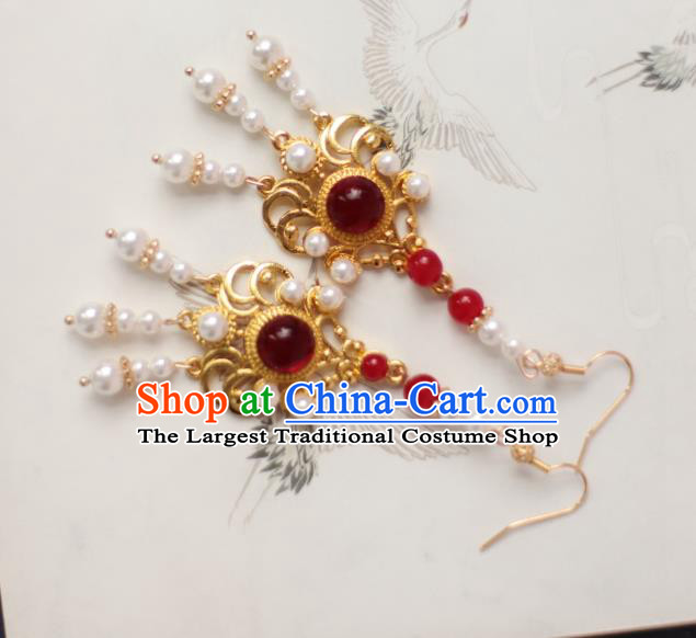 China Handmade Ancient Bride Earrings Traditional Ming Dynasty Wedding Pearls Ear Jewelry