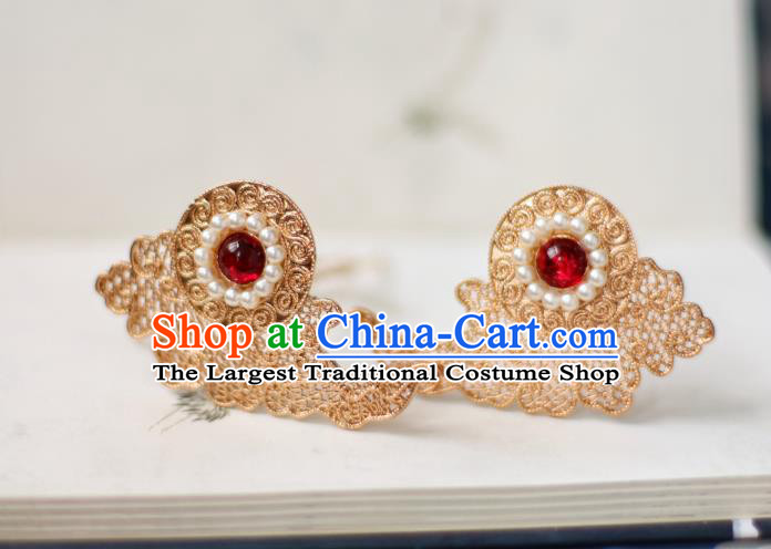Chinese Handmade Golden Cloud Hairpins Ancient Tang Dynasty Princess Pearls Hair Stick