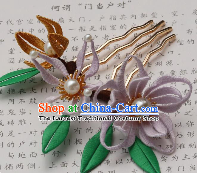 Chinese Handmade Pearls Hair Stick Ancient Ming Dynasty Princess Silk Orchids Hair Comb