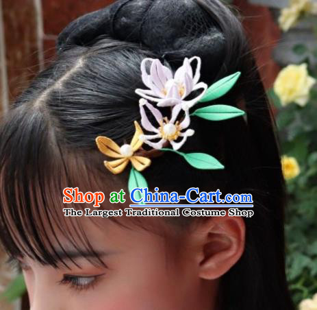 Chinese Handmade Pearls Hair Stick Ancient Ming Dynasty Princess Silk Orchids Hair Comb