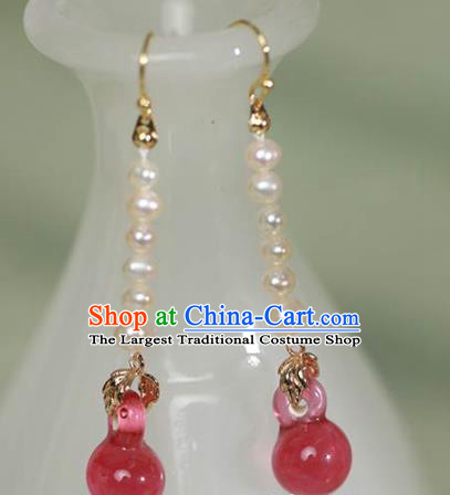 China Handmade Tourmaline Pearls Earrings Traditional Qing Dynasty Court Enamel Ear Jewelry