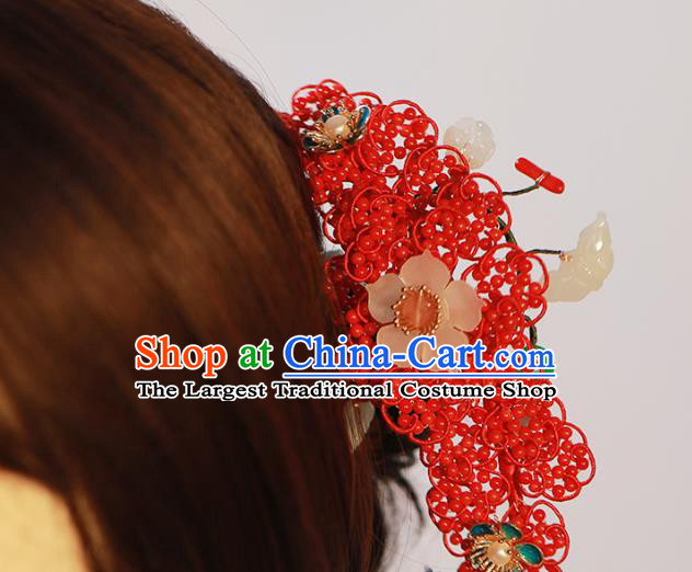Chinese Traditional Qing Dynasty Red Beads Hair Stick Ancient Empress Jade Butterfly Hairpin