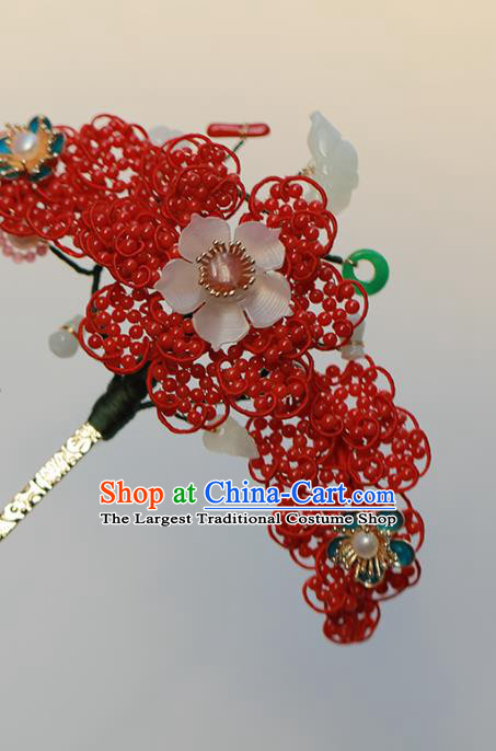 Chinese Traditional Qing Dynasty Red Beads Hair Stick Ancient Empress Jade Butterfly Hairpin