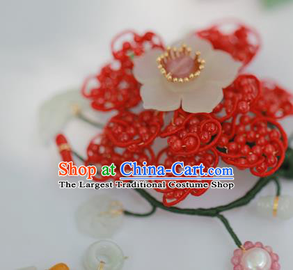 Chinese Traditional Ming Dynasty Imperial Concubine Hair Stick Ancient Empress Red Beads Jade Hairpin