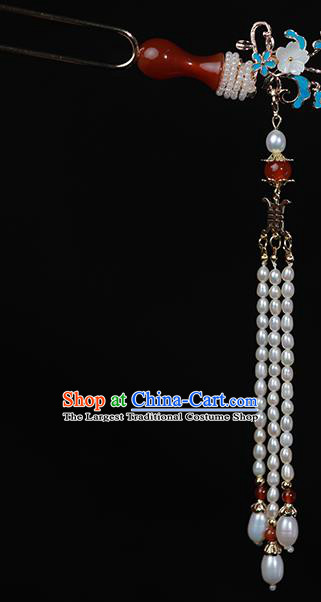 Chinese Ancient Empress Pearls Tassel Hairpin Traditional Qing Dynasty Agate Vase Hair Stick